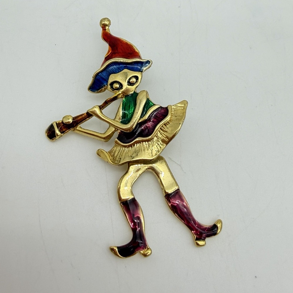 Vintage Clown Brooch Pin Court Jester Articulated Enamel Designer Signed Figural